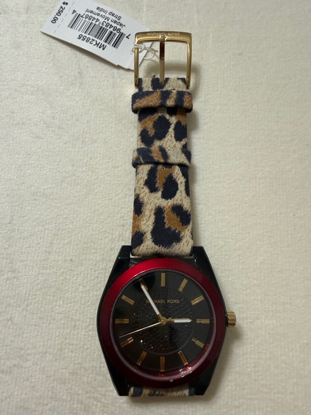 Michael Kors Black and Red Dial Watch with Leopard Strap - Picture 2 of 6